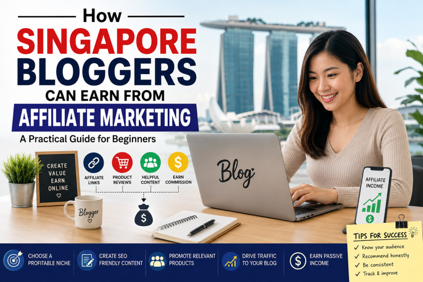 Singapore blogger earning from affiliate marketing with laptop, phone and online shopping icons